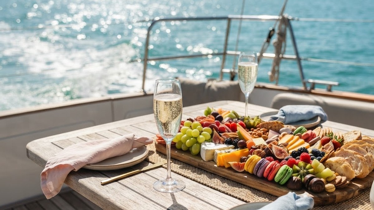 Champagne flutes and a colourful grazing platter arranged on a timber table on a sunlit boat deck