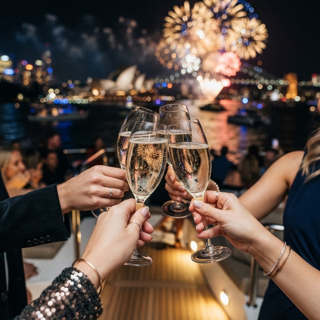 Close-up of champagne glasses toasting on a boat deck at night with Sydney Harbour fireworks reflected in the glass surfaces and bokeh lights behind