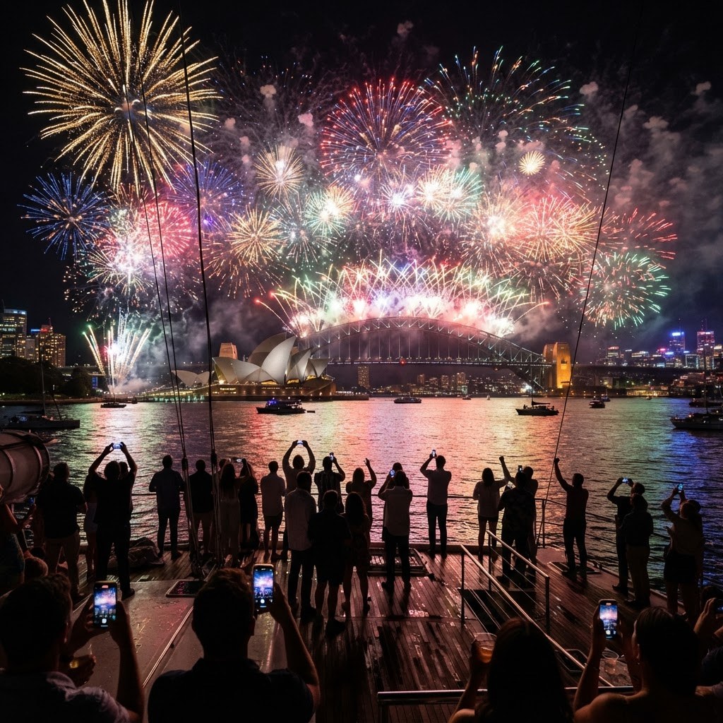 Sydney Harbour Bridge and Opera House lit up with spectacular New Year's Eve fireworks at midnight with a catamaran deck in the foreground
