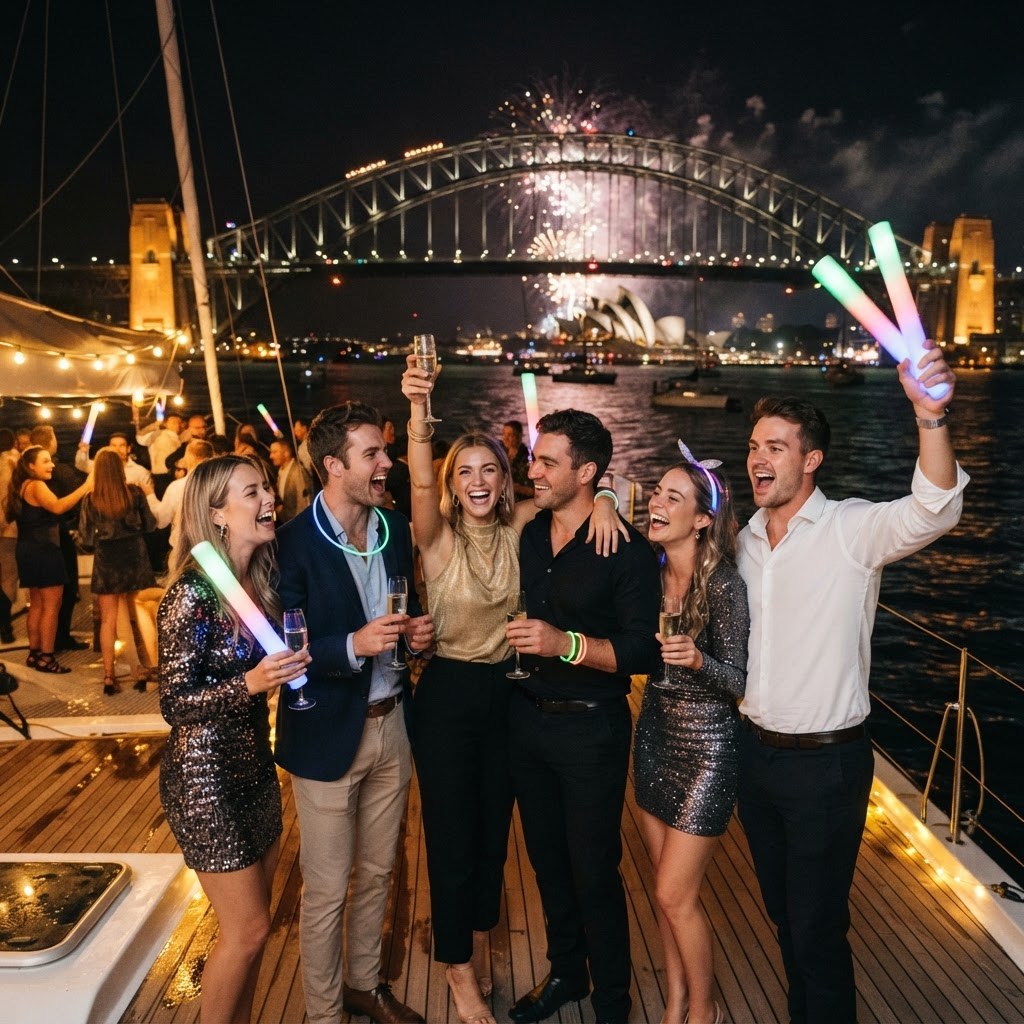 Group of friends in party outfits with glow sticks and champagne on a catamaran deck celebrating New Year's Eve with the Harbour Bridge behind them