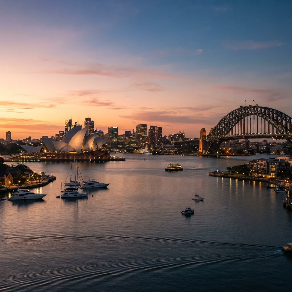 Golden dusk light over the Sydney Opera House and Harbour Bridge seen from open harbour water before the NYE fireworks