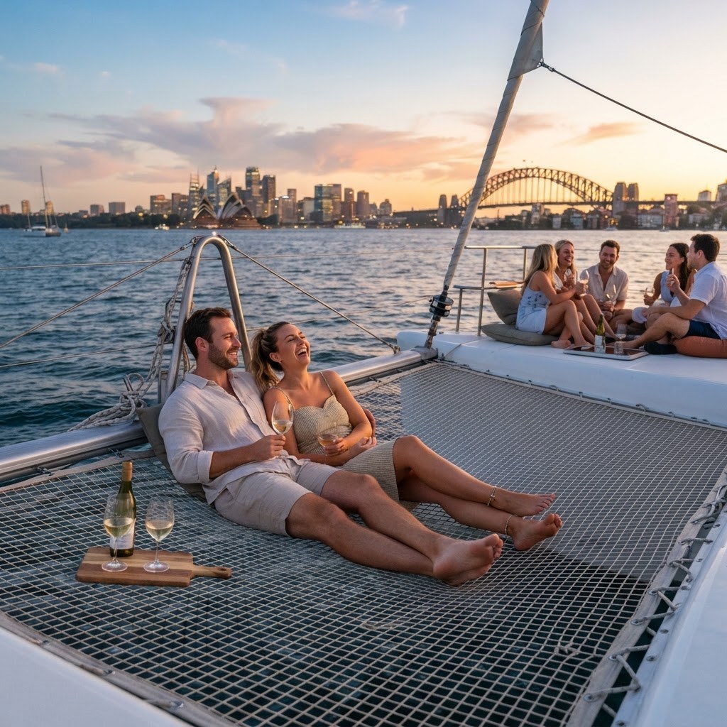 Couple and friends relaxing with wine on the bow netting of a private catamaran at golden hour with Sydney skyline in the distance