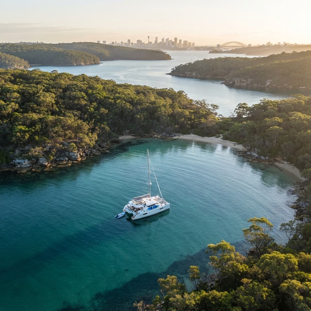 Private catamaran anchored in a quiet turquoise Sydney Harbour bay with national park shoreline, drone view