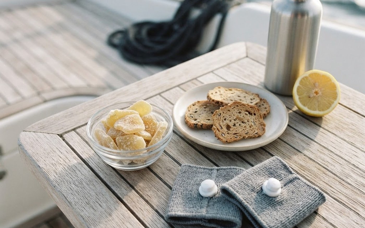 Flat lay of seasickness prevention for a boat charter with ginger, acupressure wristbands, lemon and crackers