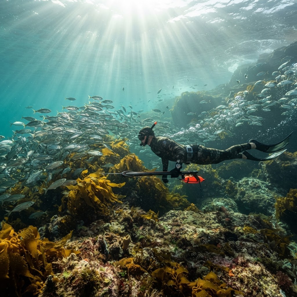 Underwater view of a spearfisher gliding above a rocky reef with silver schooling fish and sunlight shafts