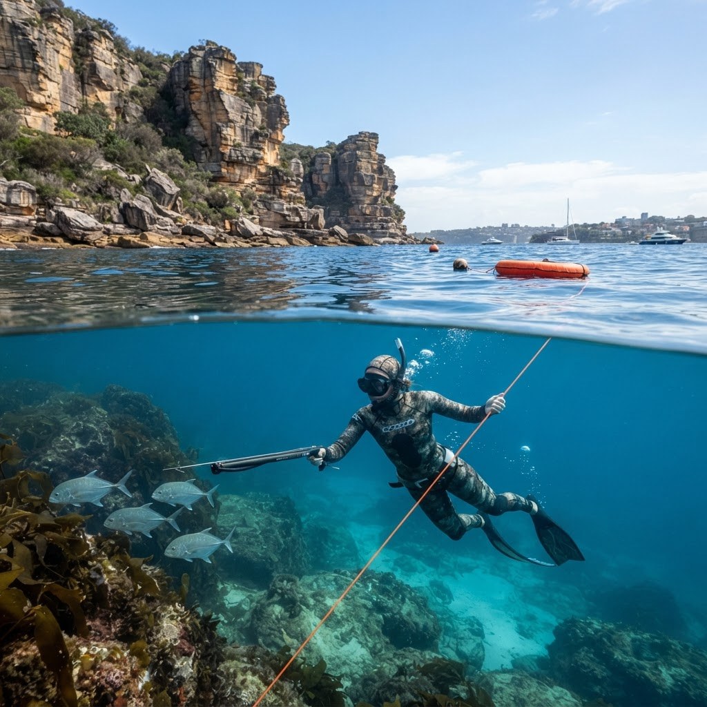 Freediving spearfisher aiming a speargun near the sandstone cliffs at the entrance to Sydney Harbour