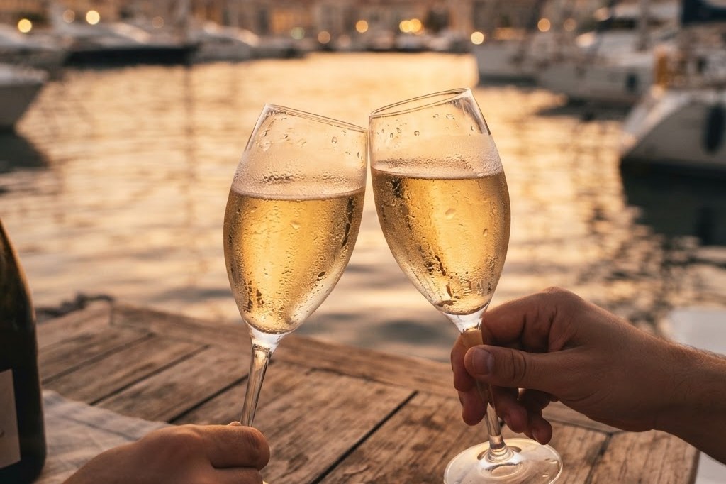 Champagne glasses raised in a toast on a charter boat table in warm golden sunset light