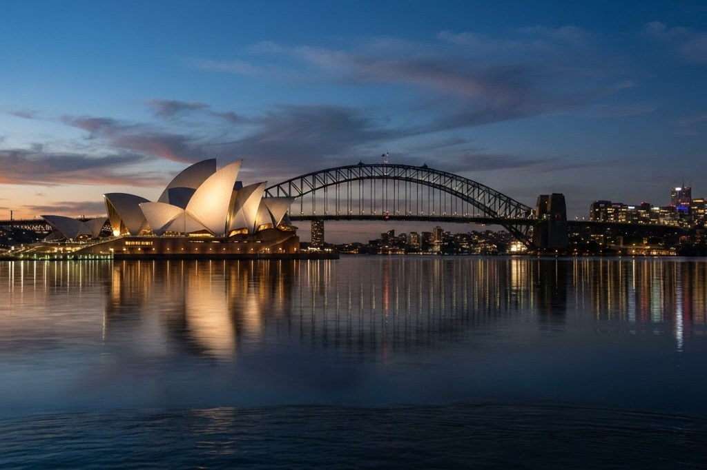 Sydney Opera House and Harbour Bridge skyline seen from the water at dusk
