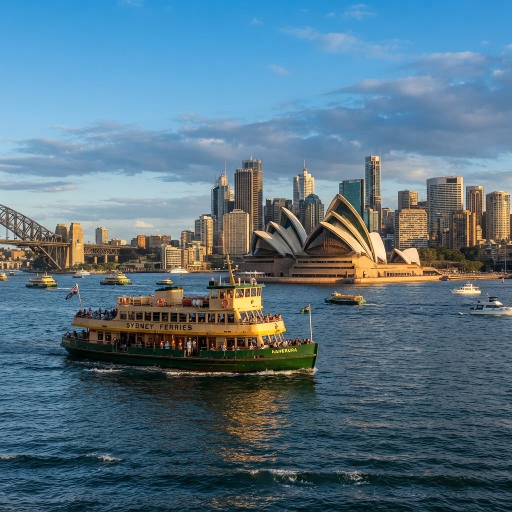 Heritage timber ferry crossing Sydney Harbour with the Opera House and modern skyline behind it in late afternoon sun