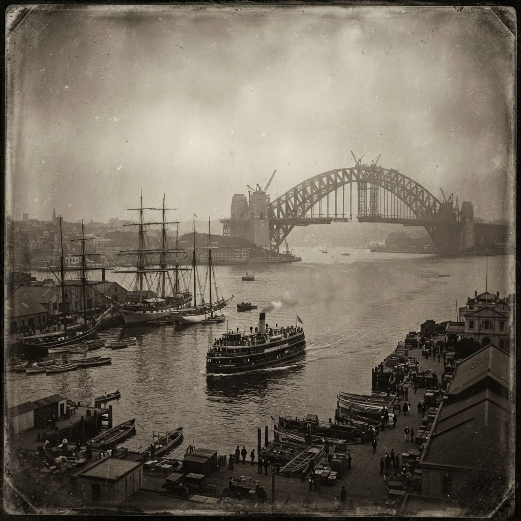 Vintage sepia scene of tall ships and a timber steam ferry on Sydney Harbour with the half-built Harbour Bridge in the mist