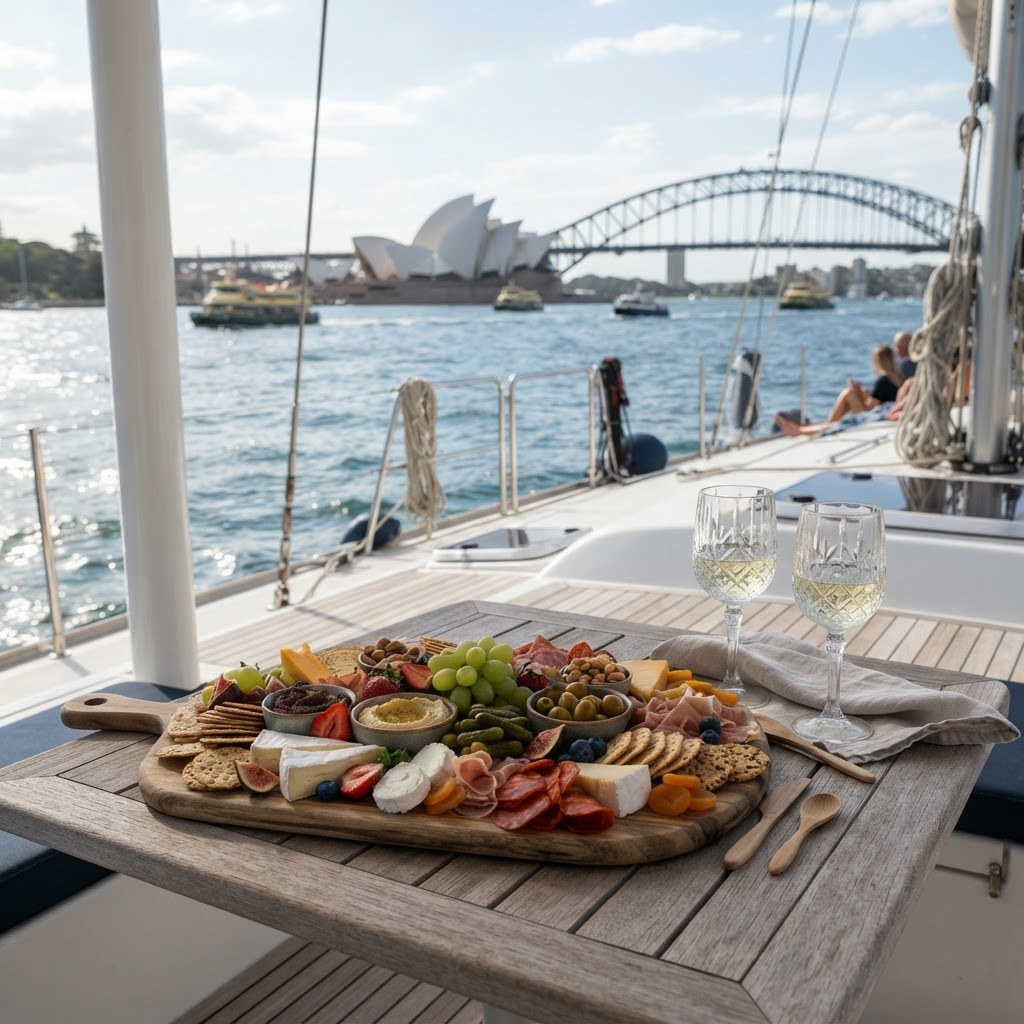 Grazing platter with cheese cold meats and fruit on a wooden board on a catamaran deck table with sparkling harbour water behind