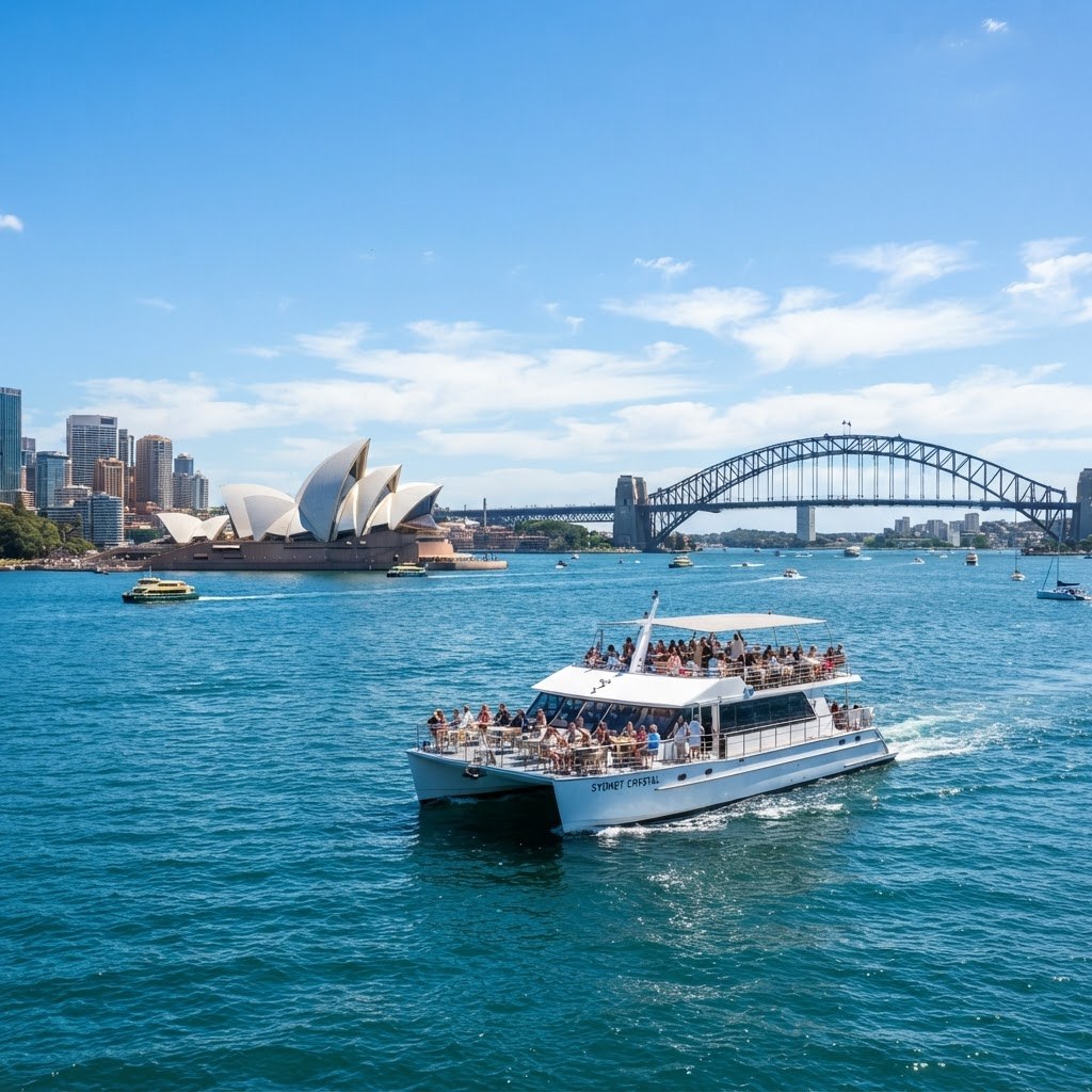 Catamaran cruising across Sydney Harbour past the Sydney Opera House on a bright sunny day for a lunch cruise