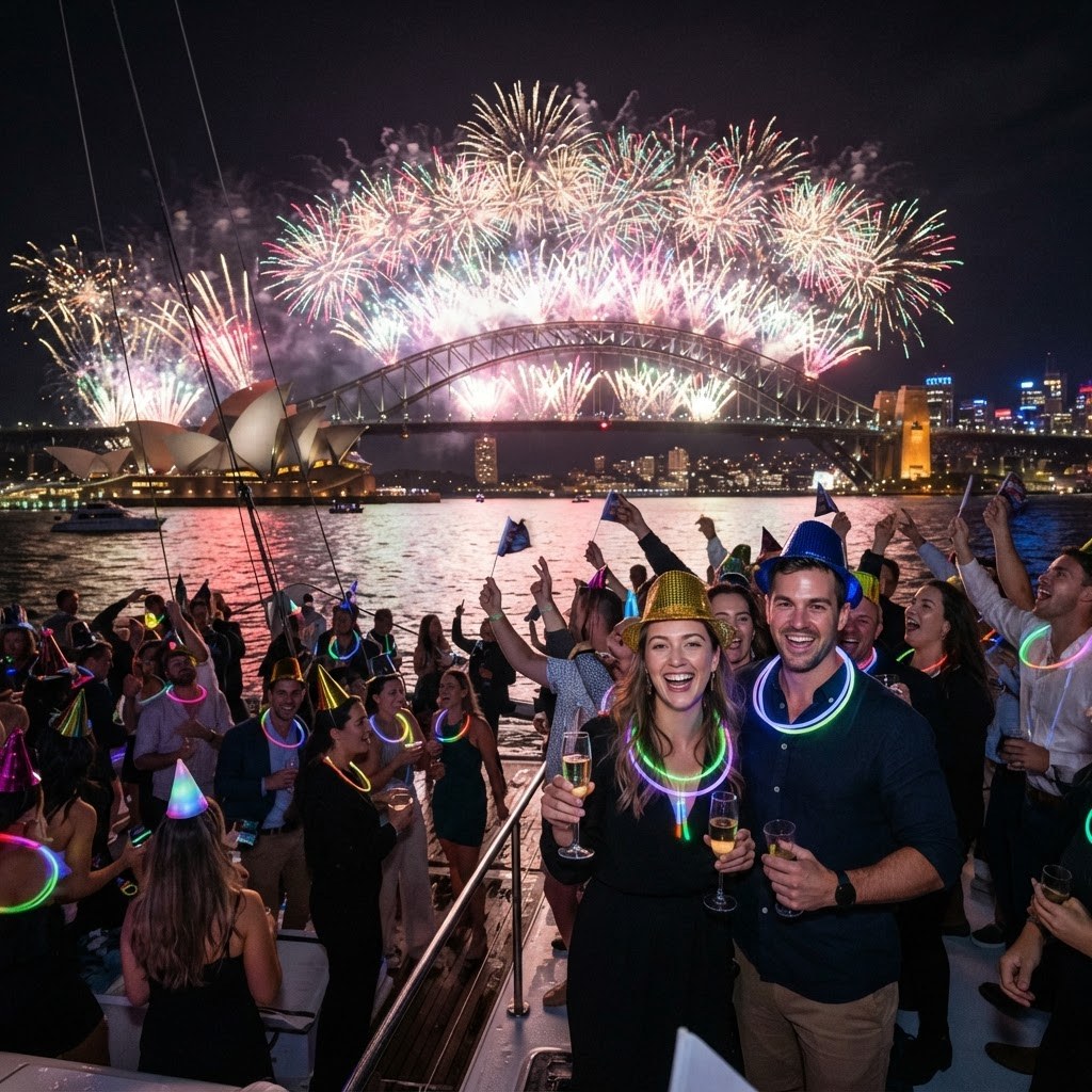 Crowd in party hats and glowing necklaces on a catamaran deck watching Sydney New Year's Eve fireworks above the Harbour Bridge at midnight