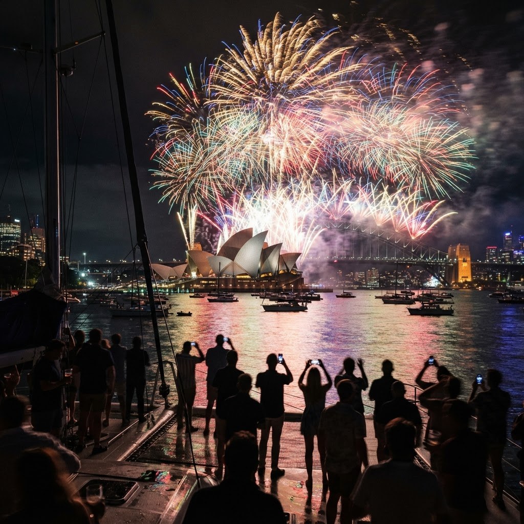 New Year's Eve fireworks over the Sydney Opera House and Harbour Bridge viewed from a catamaran on the water