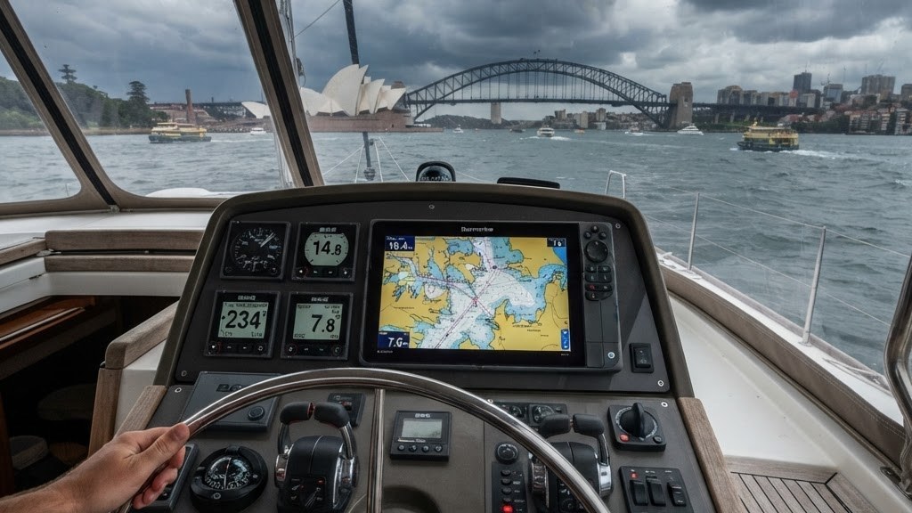 Catamaran helm instrument panel showing GPS chartplotter and wind indicators with Sydney Harbour through the windshield
