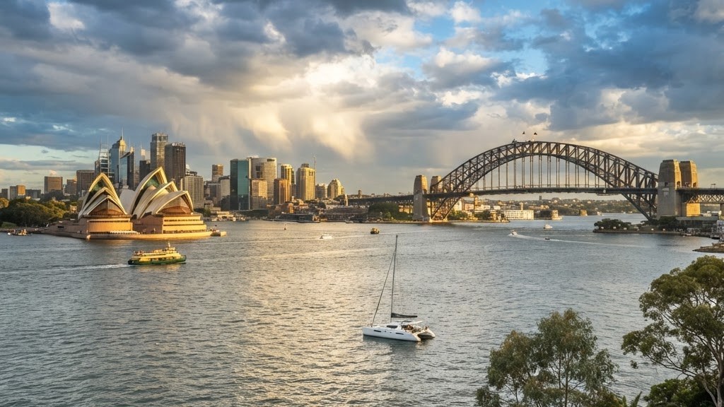 Sydney Harbour under patchy clouds with breaking sunlight over the Opera House and a catamaran at anchor