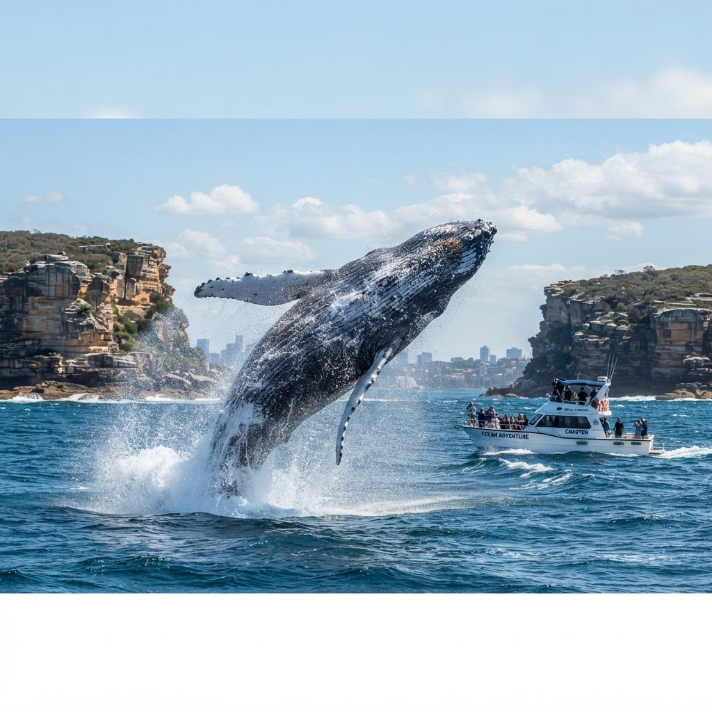 Humpback whale breaching fully out of the water near the Sydney Harbour heads with a charter boat watching from a distance
