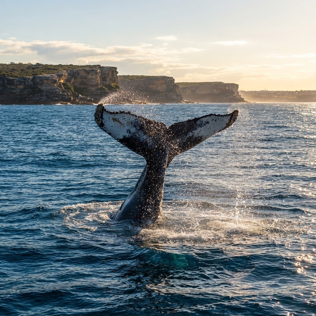 Humpback whale lifting its tail fluke above sparkling blue water as it dives near the Sydney coastline sea cliffs